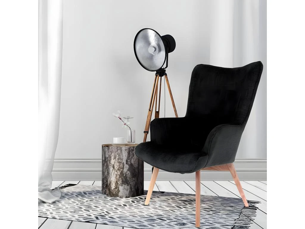HAYNA - Fauteuil Noir Et Piétement Naturel 2 HAYNA - Fauteuil Noir Et Piétement Naturel – Image 2