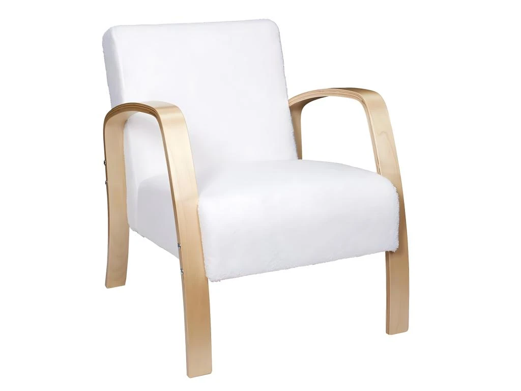KAUPA - Fauteuil En Tissu Bouclettes Blanc Accoudoirs Bois 1 KAUPA - Fauteuil En Tissu Bouclettes Blanc Accoudoirs Bois