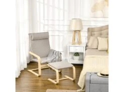 Fauteuil Relax Avec Repose-pieds Et Coussin Appui-tête - Bois Et Tissu Effet Lin - Dim. 67I X 69P X 100H Cm - Gris -Deco.fr Soldes Boutique fauteuil 9473745