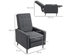 Fauteuil Inclinable Style Néo-rétro Dossier Capitonné 9 Boutons épais Garnissage Mousse Haute Densité Repose-pied Réglable Tissu Aspect Lin Gris -Deco.fr Soldes Boutique fauteuil 9473969