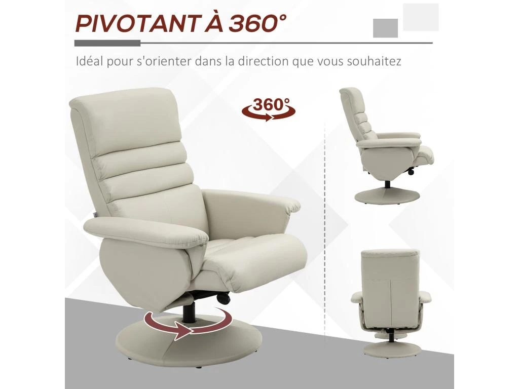 Fauteuil Relax Inclinable Pivotant Contemporain Avec Repose-pieds Grand Confort Revêtement Synthétique Crème 5 Fauteuil Relax Inclinable Pivotant Contemporain Avec Repose-pieds Grand Confort Revêtement Synthétique Crème – Image 5