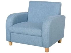 Fauteuil Enfant Design Scandinave Grand Confort Accoudoirs Assise Dossier Garnissage Mousse Haute Densité Piètement Bois Caoutchouc Lin Bleu