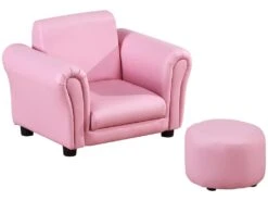 Ensemble Fauteuil Et Pouf Enfant Style Contemporain Structure Bois Revêtement Synthétique PVC Rose