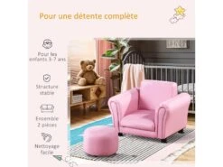 Ensemble Fauteuil Et Pouf Enfant Style Contemporain Structure Bois Revêtement Synthétique PVC Rose -Deco.fr Soldes Boutique fauteuil 9487207