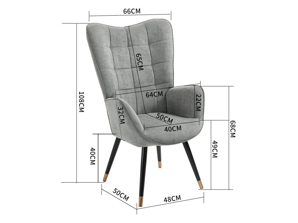Fauteuil Scandinave Chaise De Canapé De Loisirs Pour Salon Salle à Manger Bureau Avec Un Revêtement En Tissu, Accoudoirs Rembourés Et Des Pieds En Métal Noir Et Or, Gris, 66x71x110cm 5 Fauteuil Scandinave Chaise De Canapé De Loisirs Pour Salon Salle à Manger Bureau Avec Un Revêtement En Tissu, Accoudoirs Rembourés Et Des Pieds En Métal Noir Et Or, Gris, 66x71x110cm – Image 5