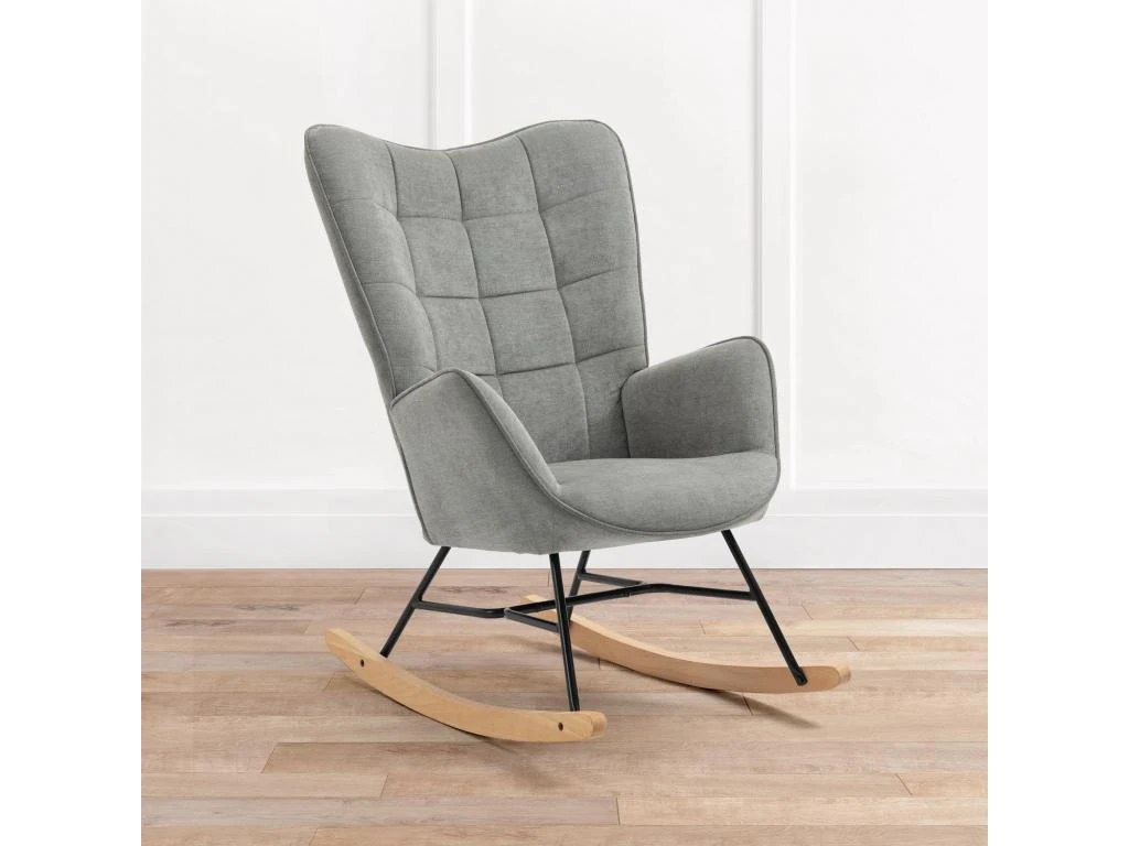 Fauteuil à Bascule Allaitement Scandinave Chaise Loisir Et Repos En Tissu Avec Pieds En E' Bois Métal Pour Salon, Chambre, Massif, Gris Foncé, 66x84x97cm 1 Fauteuil à Bascule Allaitement Scandinave Chaise Loisir Et Repos En Tissu Avec Pieds En E' Bois Métal Pour Salon, Chambre, Massif, Gris Foncé, 66x84x97cm