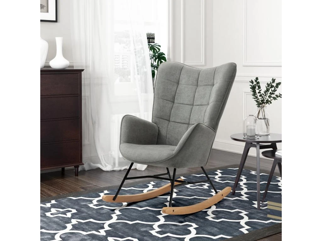 Fauteuil à Bascule Allaitement Scandinave Chaise Loisir Et Repos En Tissu Avec Pieds En E' Bois Métal Pour Salon, Chambre, Massif, Gris Foncé, 66x84x97cm 2 Fauteuil à Bascule Allaitement Scandinave Chaise Loisir Et Repos En Tissu Avec Pieds En E' Bois Métal Pour Salon, Chambre, Massif, Gris Foncé, 66x84x97cm – Image 2