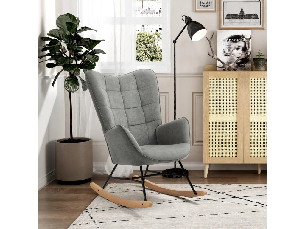 Fauteuil à Bascule Allaitement Scandinave Chaise Loisir Et Repos En Tissu Avec Pieds En E' Bois Métal Pour Salon, Chambre, Massif, Gris Foncé, 66x84x97cm 3 Fauteuil à Bascule Allaitement Scandinave Chaise Loisir Et Repos En Tissu Avec Pieds En E' Bois Métal Pour Salon, Chambre, Massif, Gris Foncé, 66x84x97cm – Image 3