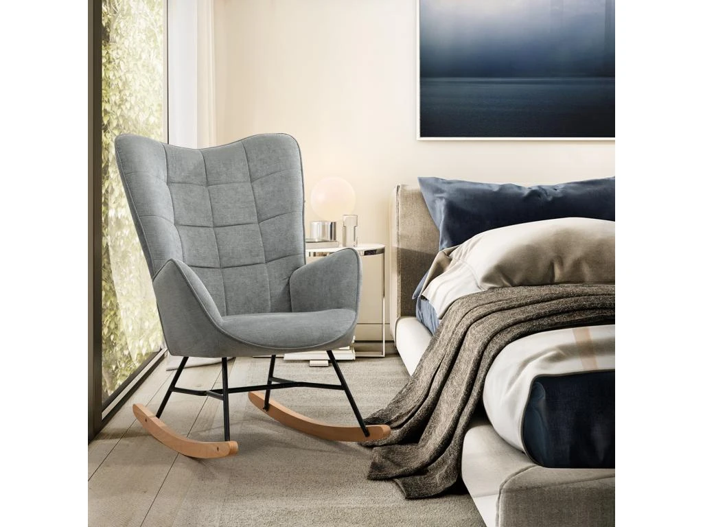 Fauteuil à Bascule Allaitement Scandinave Chaise Loisir Et Repos En Tissu Avec Pieds En E' Bois Métal Pour Salon, Chambre, Massif, Gris Foncé, 66x84x97cm 4 Fauteuil à Bascule Allaitement Scandinave Chaise Loisir Et Repos En Tissu Avec Pieds En E' Bois Métal Pour Salon, Chambre, Massif, Gris Foncé, 66x84x97cm – Image 4