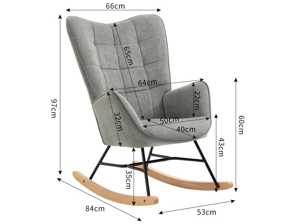 Fauteuil à Bascule Allaitement Scandinave Chaise Loisir Et Repos En Tissu Avec Pieds En E' Bois Métal Pour Salon, Chambre, Massif, Gris Foncé, 66x84x97cm 5 Fauteuil à Bascule Allaitement Scandinave Chaise Loisir Et Repos En Tissu Avec Pieds En E' Bois Métal Pour Salon, Chambre, Massif, Gris Foncé, 66x84x97cm – Image 5