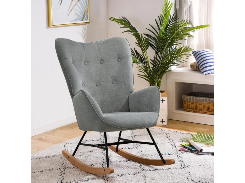 Fauteuil à Bascule Allaitement Scandinave Chaise Loisir Et Repos En Tissu Avec Pieds En E' Bois Métal Pour Salon, Chambre, Massif, Gris 1 Fauteuil à Bascule Allaitement Scandinave Chaise Loisir Et Repos En Tissu Avec Pieds En E' Bois Métal Pour Salon, Chambre, Massif, Gris