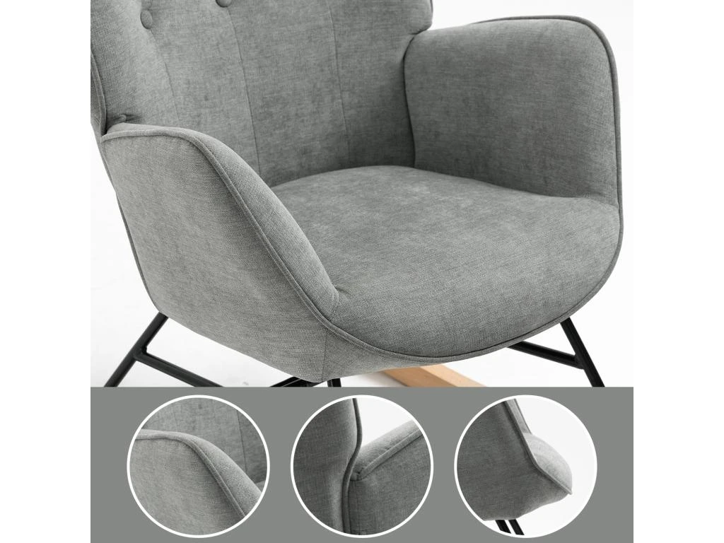 Fauteuil à Bascule Allaitement Scandinave Chaise Loisir Et Repos En Tissu Avec Pieds En E' Bois Métal Pour Salon, Chambre, Massif, Gris 4 Fauteuil à Bascule Allaitement Scandinave Chaise Loisir Et Repos En Tissu Avec Pieds En E' Bois Métal Pour Salon, Chambre, Massif, Gris – Image 4
