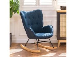 Fauteuil à Bascule Style Rocking Chair - Style Scandinave - Tissu Bleu Marine - Pieds En Véritable Bois De Hêtre , Bleu Tissu /Bleu Foncé Tissu