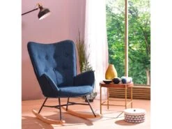 Fauteuil à Bascule Style Rocking Chair - Style Scandinave - Tissu Bleu Marine - Pieds En Véritable Bois De Hêtre , Bleu Tissu /Bleu Foncé Tissu -Deco.fr Soldes Boutique fauteuil 9491197