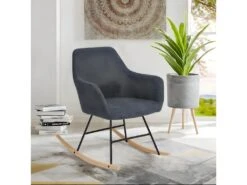 Fauteuil à Bascule Pieds En Bois D'hévéa, Chaise Relax Berçante, Imitation Lin épais, Capacité De Charge 120 Kg, Pour Salon Chambre Balcon, Gris Foncé, Style Scandinave, 54.5 X 58 X 76 Cm