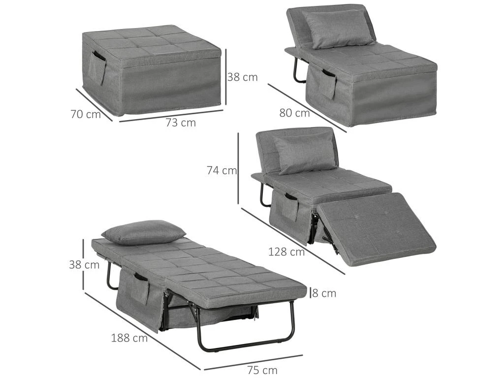 Fauteuil Relax Canapé Pouf Lit D'appoint 4 En 1 Dossier Inclinable 5 Niveaux Repose-pied Rabattable Châssis Acier Noir Polyester Gris 3 Fauteuil Relax Canapé Pouf Lit D'appoint 4 En 1 Dossier Inclinable 5 Niveaux Repose-pied Rabattable Châssis Acier Noir Polyester Gris – Image 3