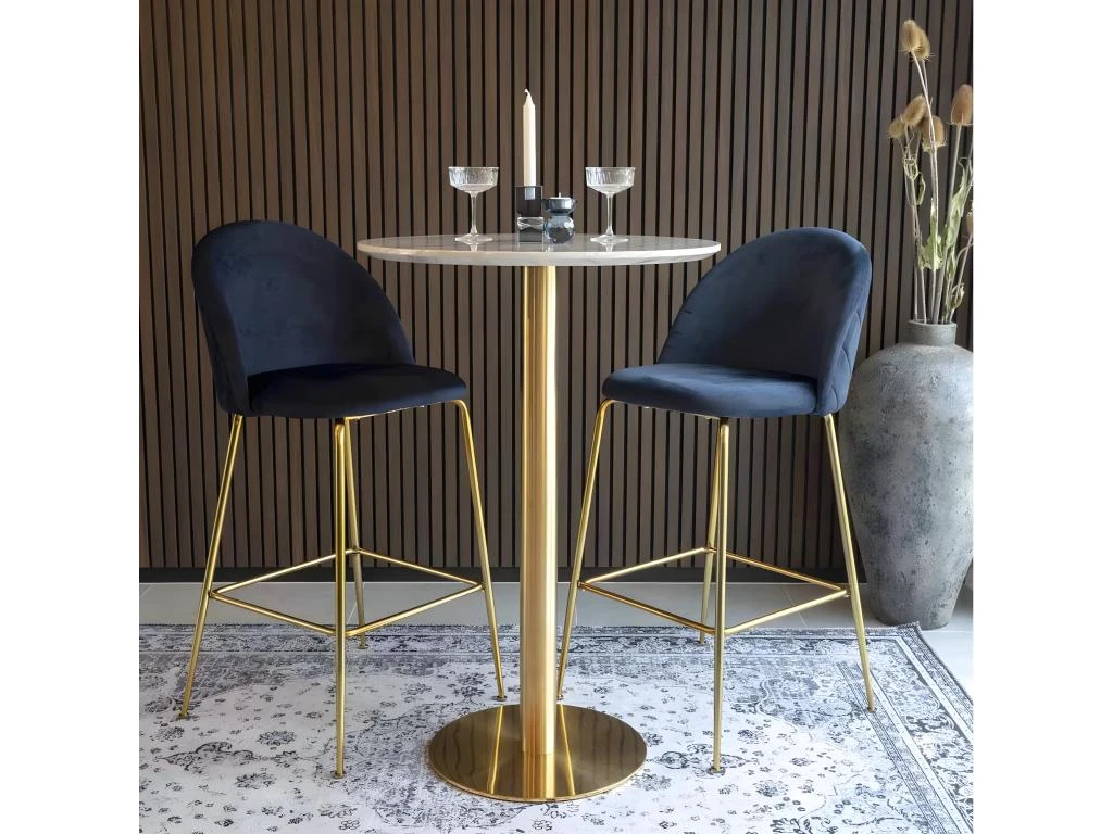 TYROL - Table Haute Ø70cm Aspect Marbré Et Pied Métal Doré 2 TYROL - Table Haute Ø70cm Aspect Marbré Et Pied Métal Doré – Image 2