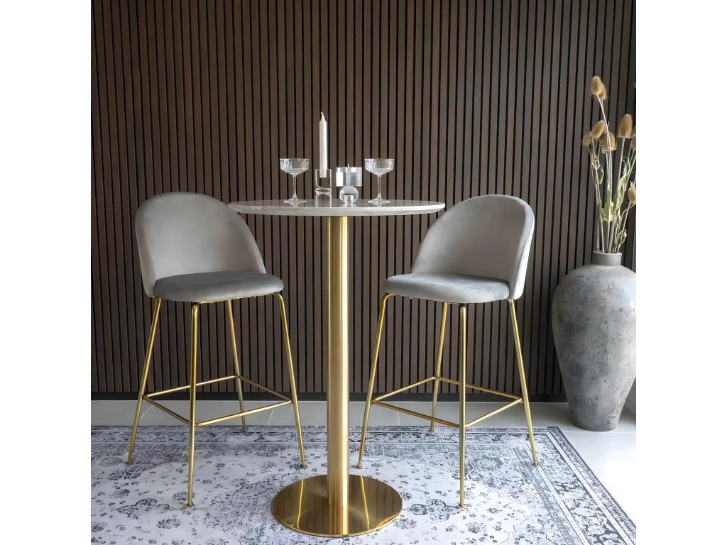 TYROL - Table Haute Ø70cm Aspect Marbré Et Pied Métal Doré 4 TYROL - Table Haute Ø70cm Aspect Marbré Et Pied Métal Doré – Image 4