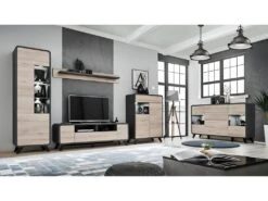 Vaisselier Modèle Bas Avec LED Intégrées Collection OASIS. Coloris Gris Anthracite Et Bois. -Deco.fr Soldes Boutique meuble de cuisine 8951995