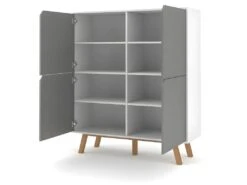 Buffet Haut Design Type Scandinave Collection AOMORI 4 Portes, Coloris Blanc Et Gris Mat -Deco.fr Soldes Boutique meuble de cuisine 9544453