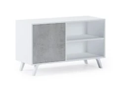 Meuble TV 100 Avec Porte A Gauche, Pour Salon, Modele WIND, BLANC MAT/CIMENT, 95x40x57cm