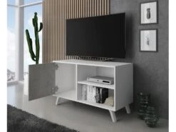 Meuble TV 100 Avec Porte A Gauche, Pour Salon, Modele WIND, BLANC MAT/CIMENT, 95x40x57cm -Deco.fr Soldes Boutique meuble tv 10001329