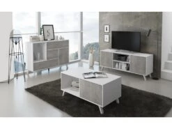 Meuble TV 100 Avec Porte A Gauche, Pour Salon, Modele WIND, BLANC MAT/CIMENT, 95x40x57cm -Deco.fr Soldes Boutique meuble tv 10001331