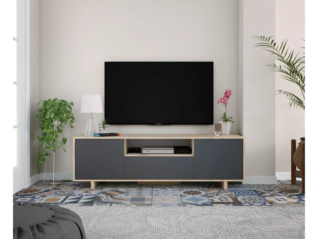 Meuble TV Zaida 3 Portes Couleur Chêne Et Gris, 150 Cm (Largeur) 4 Meuble TV Zaida 3 Portes Couleur Chêne Et Gris, 150 Cm (Largeur) – Image 4