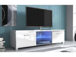 Meuble TV LED, Sejour, Blanc Mate Et Blanc Laque, 150 X 40 X 42 Cm -Deco.fr Soldes Boutique meuble tv 10003889
