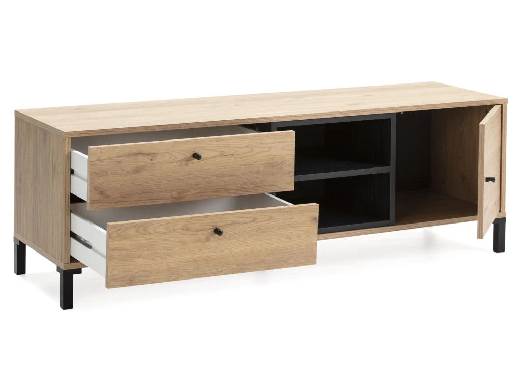 Meuble TV Javea 2 Tiroirs Et 1 Porte, Couleur Bois Et Noir, 136,5 Cm (Largeur) 2 Meuble TV Javea 2 Tiroirs Et 1 Porte, Couleur Bois Et Noir, 136,5 Cm (Largeur) – Image 2
