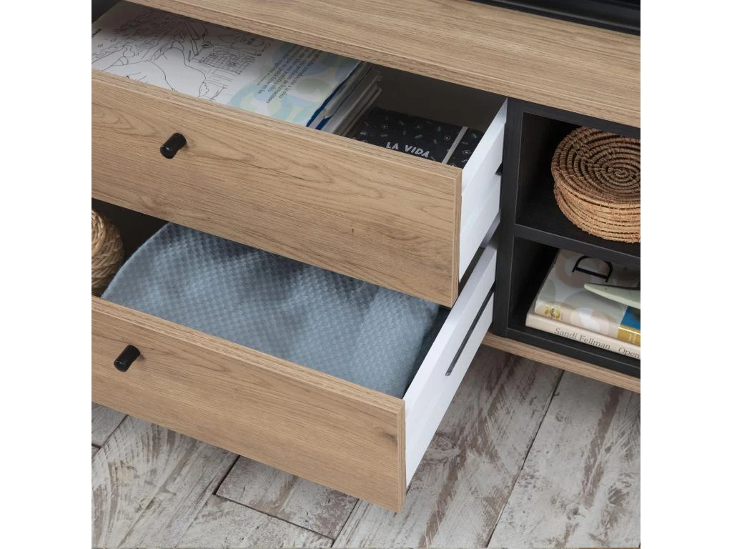 Meuble TV Javea 2 Tiroirs Et 1 Porte, Couleur Bois Et Noir, 136,5 Cm (Largeur) 5 Meuble TV Javea 2 Tiroirs Et 1 Porte, Couleur Bois Et Noir, 136,5 Cm (Largeur) – Image 5