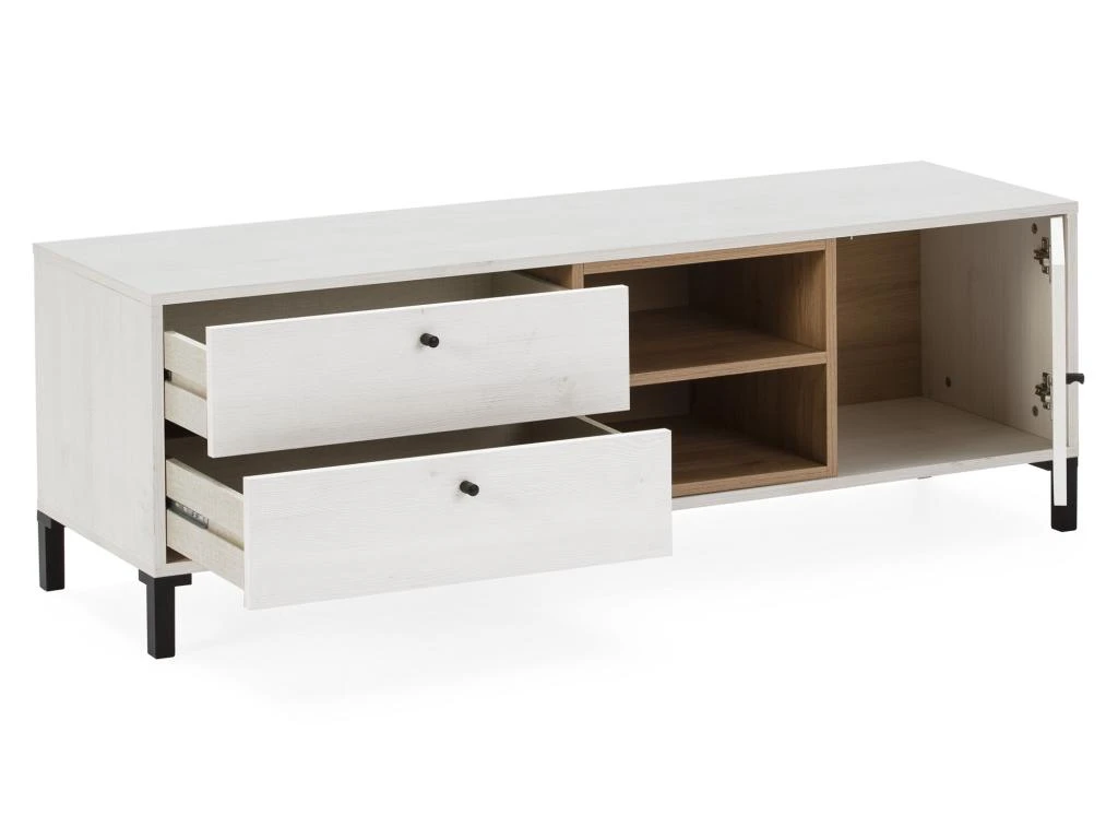 Meuble TV Javea 2 Tiroirs Et 1 Porte, Couleur Blanc Et Bois, 136,5 Cm (Largeur) 2 Meuble TV Javea 2 Tiroirs Et 1 Porte, Couleur Blanc Et Bois, 136,5 Cm (Largeur) – Image 2