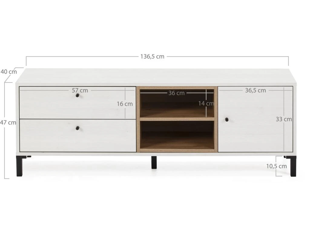 Meuble TV Javea 2 Tiroirs Et 1 Porte, Couleur Blanc Et Bois, 136,5 Cm (Largeur) 3 Meuble TV Javea 2 Tiroirs Et 1 Porte, Couleur Blanc Et Bois, 136,5 Cm (Largeur) – Image 3