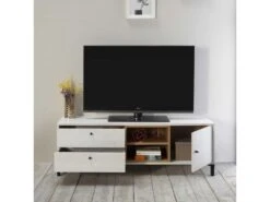 Meuble TV Javea 2 Tiroirs Et 1 Porte, Couleur Blanc Et Bois, 136,5 Cm (Largeur) 11 Meuble TV Javea 2 Tiroirs Et 1 Porte, Couleur Blanc Et Bois, 136,5 Cm (Largeur) -Deco.fr Soldes Boutique meuble tv 10761613