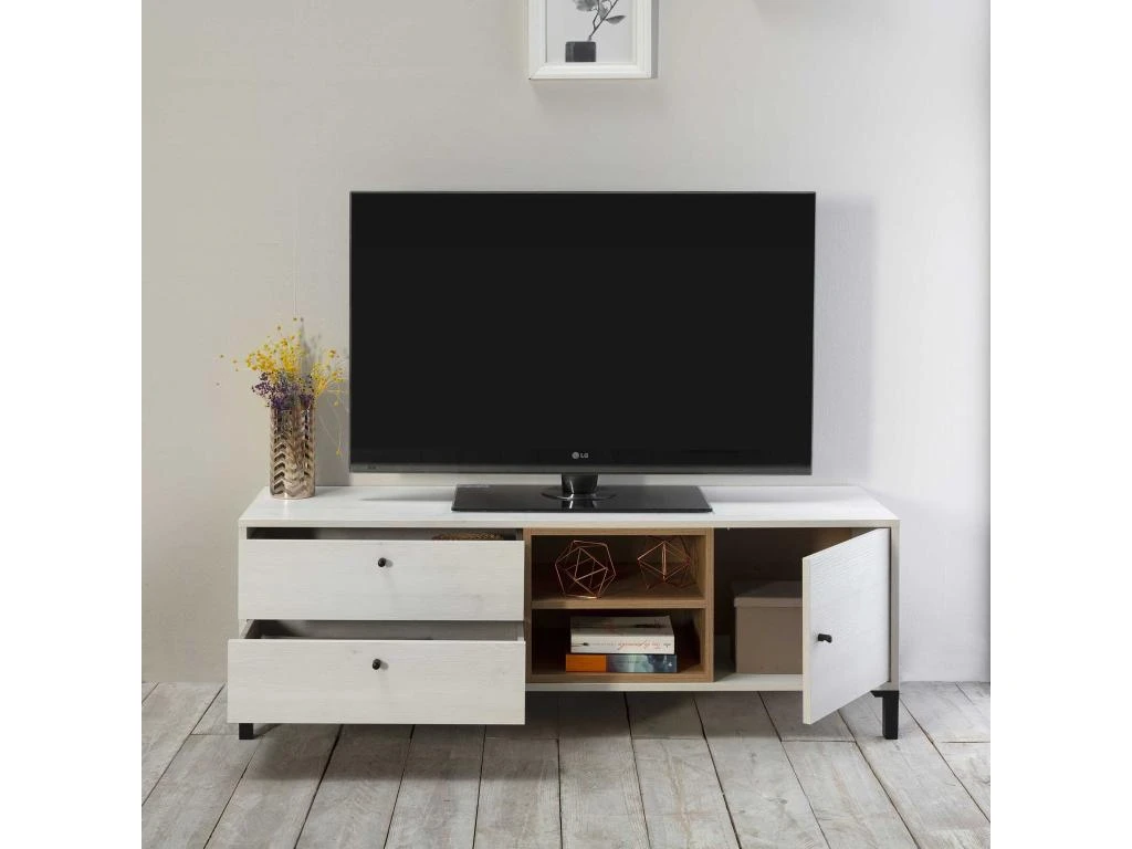 Meuble TV Javea 2 Tiroirs Et 1 Porte, Couleur Blanc Et Bois, 136,5 Cm (Largeur) 5 Meuble TV Javea 2 Tiroirs Et 1 Porte, Couleur Blanc Et Bois, 136,5 Cm (Largeur) – Image 5