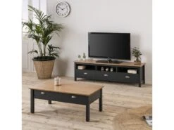 Meuble TV Bora 3 Tiroirs, Fabriqué En Bois De Pin Massif, Gris Anthracite, 158 Cm -Deco.fr Soldes Boutique meuble tv 10762037