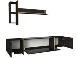 Ensemble TV Avec Rangements - Effet Marbre Noir, Naturel Foncé Et Doré - CADEBA II -Deco.fr Soldes Boutique meuble tv 10873505