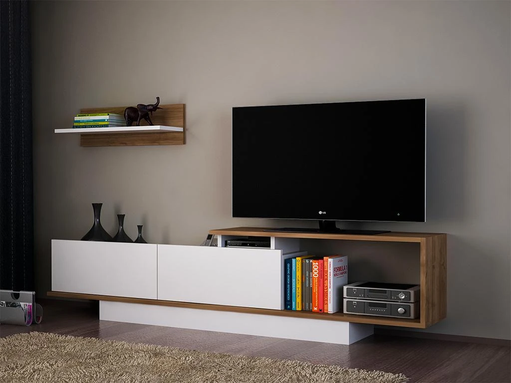 Ensemble TV Avec Rangements - Naturel Et Blanc - RANEBI II 1 Ensemble TV Avec Rangements - Naturel Et Blanc - RANEBI II