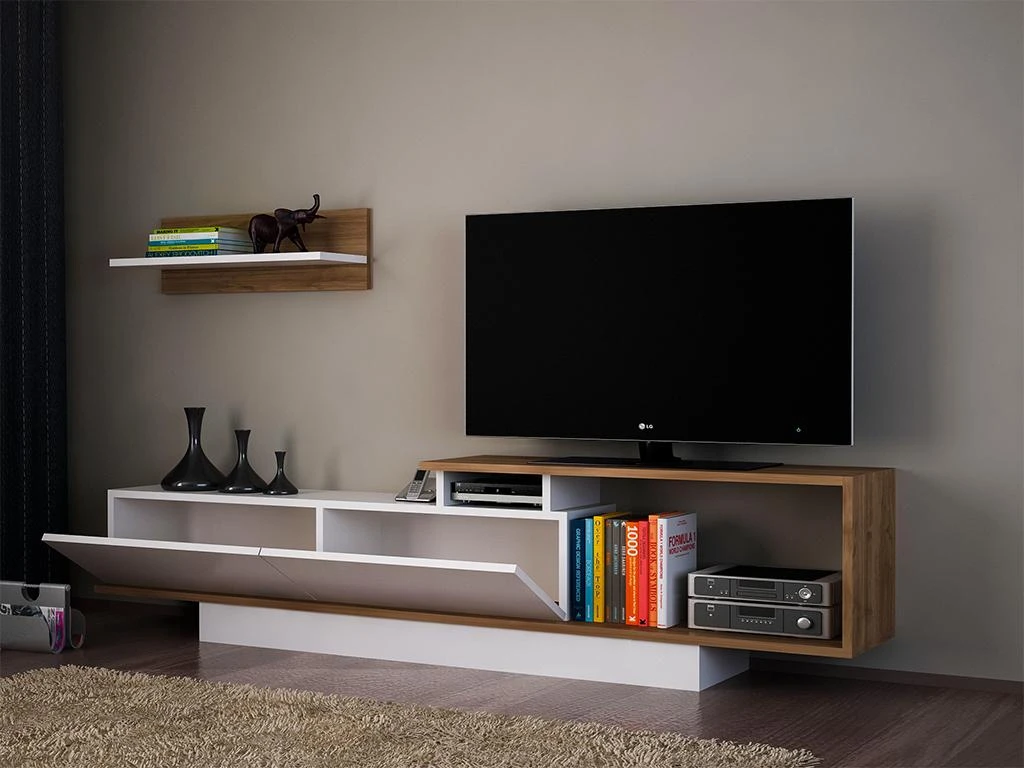 Ensemble TV Avec Rangements - Naturel Et Blanc - RANEBI II 2 Ensemble TV Avec Rangements - Naturel Et Blanc - RANEBI II â Image 2