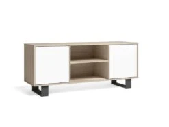 Meuble TV 140 2 Portes, Salon, Modèle WIND, Couleur Chêne-Blanc, 137x40x57cm.