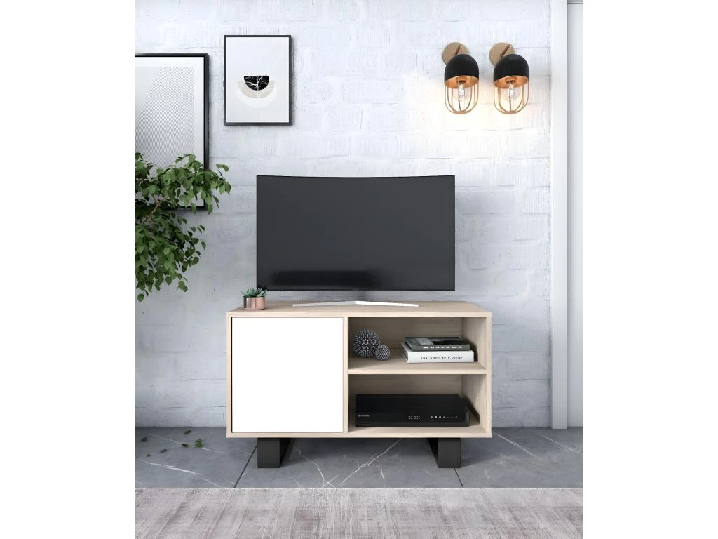 Meuble TV 100 1 Porte, Modèle WIND, Couleur Chêne-Blanche, 95x40x57cm. 2 Meuble TV 100 1 Porte, Modèle WIND, Couleur Chêne-Blanche, 95x40x57cm. – Image 2