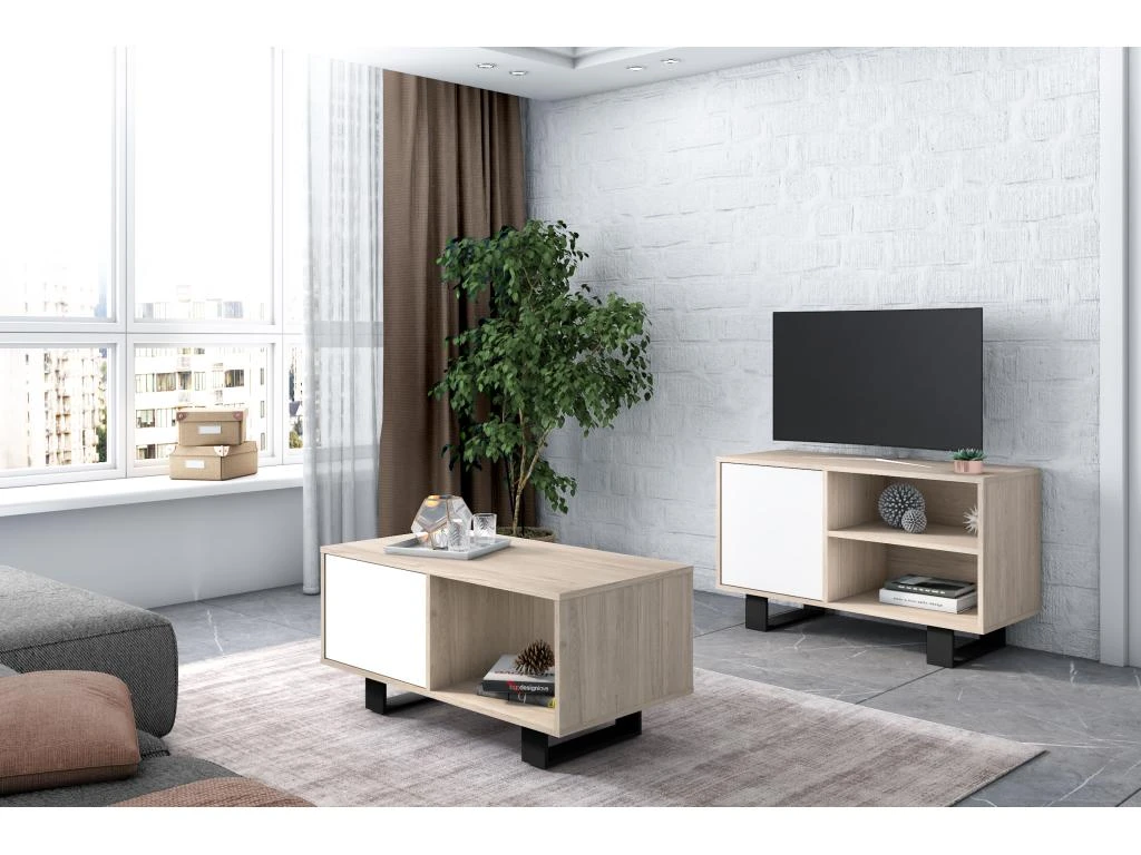 Meuble TV 100 1 Porte, Modèle WIND, Couleur Chêne-Blanche, 95x40x57cm. 4 Meuble TV 100 1 Porte, Modèle WIND, Couleur Chêne-Blanche, 95x40x57cm. – Image 4