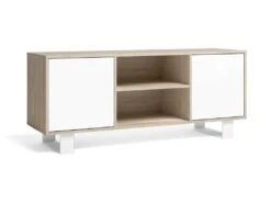Meuble TV140 2 Portes, Salon, Modèle WIND, Couleur Chêne-Blanc, 137x40x57cm
