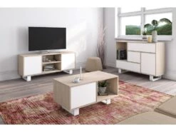 Meuble TV140 2 Portes, Salon, Modèle WIND, Couleur Chêne-Blanc, 137x40x57cm -Deco.fr Soldes Boutique meuble tv 11113273