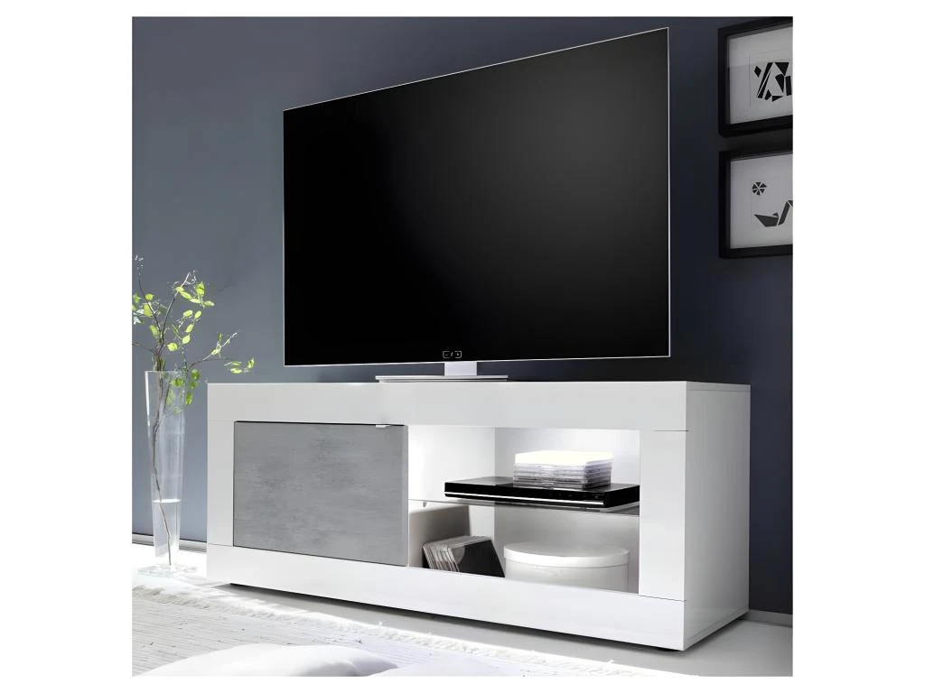 Meuble TV 1 Porte 2 Niches Blanc/Béton Ciré Clair à LEDs - MATERA 1 Meuble TV 1 Porte 2 Niches Blanc/Béton Ciré Clair à LEDs - MATERA