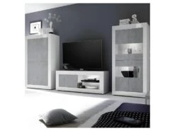Meuble TV 1 Porte 2 Niches Blanc/Béton Ciré Clair à LEDs - MATERA 6 Meuble TV 1 Porte 2 Niches Blanc/Béton Ciré Clair à LEDs - MATERA -Deco.fr Soldes Boutique meuble tv 11127287