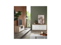 Meuble TV 2 Portes 1 Tiroir Blanc Laqué Brillant/Chêne Naturel - SPEZIA -Deco.fr Soldes Boutique meuble tv 11127313