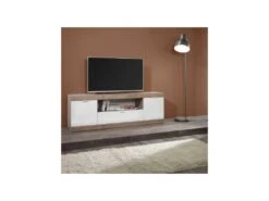 Meuble TV 2 Portes 1 Tiroir Blanc Laqué Brillant/Chêne Naturel - SPEZIA -Deco.fr Soldes Boutique meuble tv 11127315