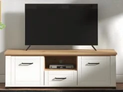 Meuble TV Avec 2 Portes, 1 Tiroir Et 1 Niche - Blanc Et Naturel - ROTARA -Deco.fr Soldes Boutique meuble tv 11159805