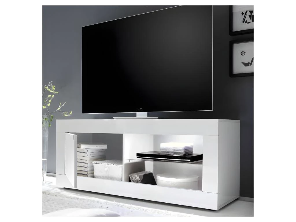 Meuble TV 1 Porte 2 Niches Blanc Laqué Brillant à LEDs Blancs - MATERA 2 Meuble TV 1 Porte 2 Niches Blanc Laqué Brillant à LEDs Blancs - MATERA – Image 2